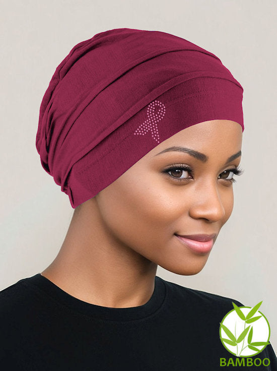 BBPCAP-BURGUNDYPR#Bamboo Pleated Cap Burgundy Red Pink Ribbon