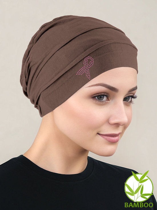 BBPCAP-BROWNPR#Bamboo Pleated Cap Cedar Brown Pink Ribbon