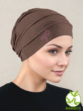 BBPCAP-BROWNPR#Bamboo Pleated Cap Cedar Brown Pink Ribbon