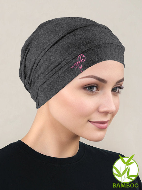 BBPCAP-CHARCOALPR#Bamboo Pleated Cap Charcoal Gray Pink Ribbon