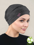 BBPCAP-CHARCOALPR#Bamboo Pleated Cap Charcoal Gray Pink Ribbon