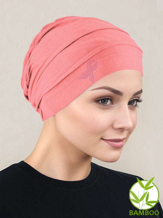 BBPCAP-CORALPR#Bamboo Pleated Cap Coral Pink Pink Ribbon