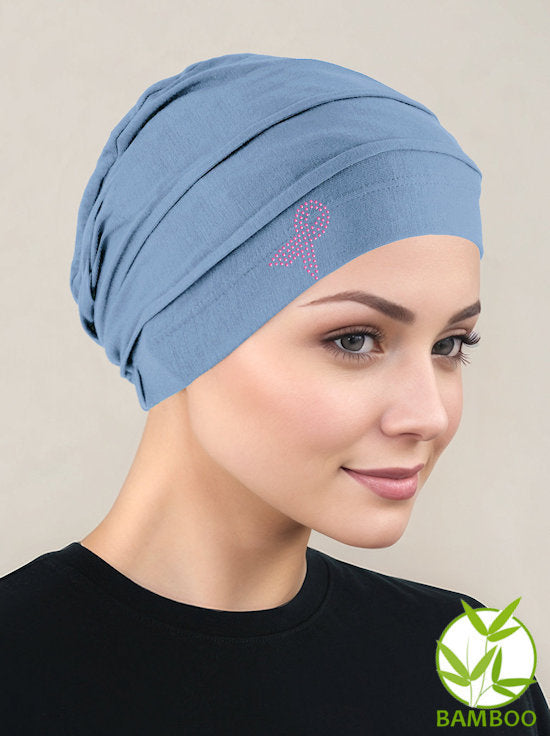 BBPCAP-DUSTYBLUEPR#Bamboo Pleated Cap Dusty Blue Pink Ribbon