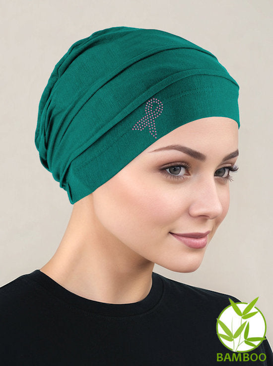 BBPCAP-GREENPR#Bamboo Pleated Cap Emerald Green Pink Ribbon