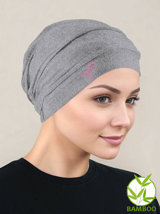 BBPCAP-HEATHERGRAYPR#Bamboo Pleated Cap Heather Gray Pink Ribbon