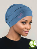 BBPCAP-INDIGOPR#Bamboo Pleated Cap Indigo Blue Pink Ribbon