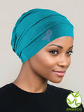 BBPCAP-LTTEALPR#Bamboo Pleated Cap Light Teal Pink Ribbon