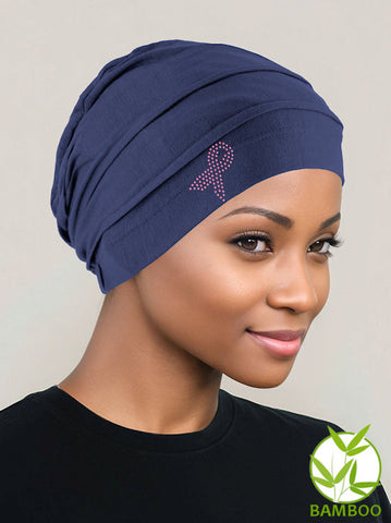 BBPCAP-NAVYPR#Bamboo Pleated Cap Navy Blue Pink Ribbon