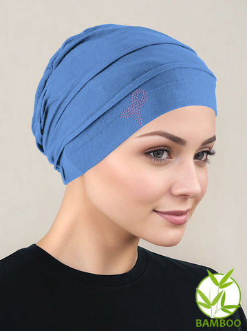 BBPCAP-PERIWINKLEPR#Bamboo Pleated Cap Periwinkle Blue Pink Ribbon