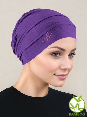 BBPCAP-PURPLEPR#Bamboo Pleated Cap Purple Pink Ribbon