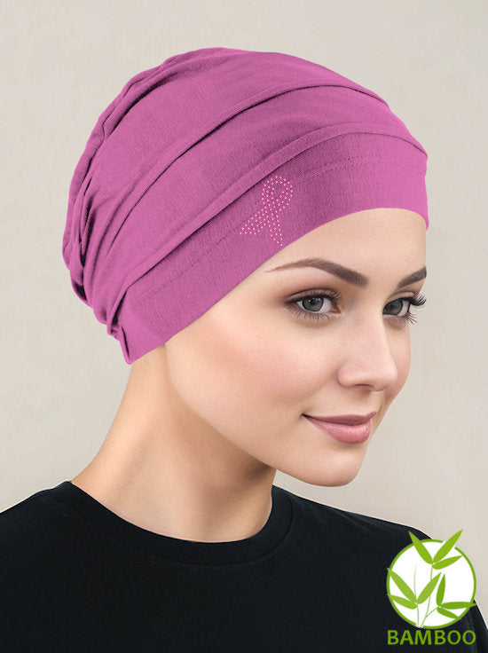 BBPCAP-ROSEPINKPR#Bamboo Pleated Cap Rose Pink Pink Ribbon
