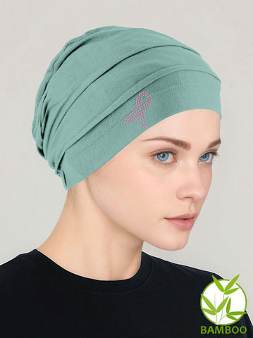 BBPCAP-SAGEPR#Bamboo Pleated Cap Sage Green Pink Ribbon