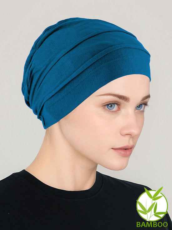 BBPCAP-TEAL#Lux Bamboo Pleated Cap in Teal Blue