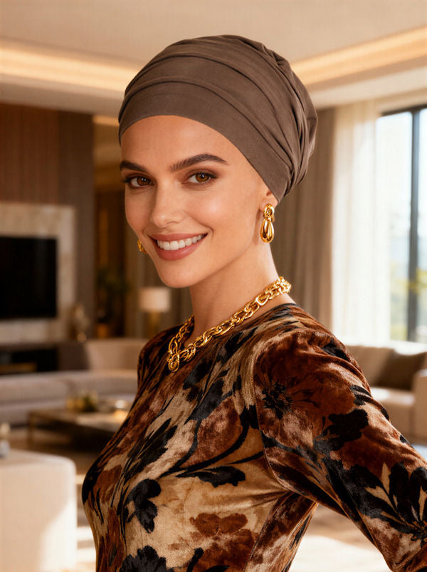 BBPCAP-BROWN#Lux Bamboo Pleated Cap in Cedar Brown