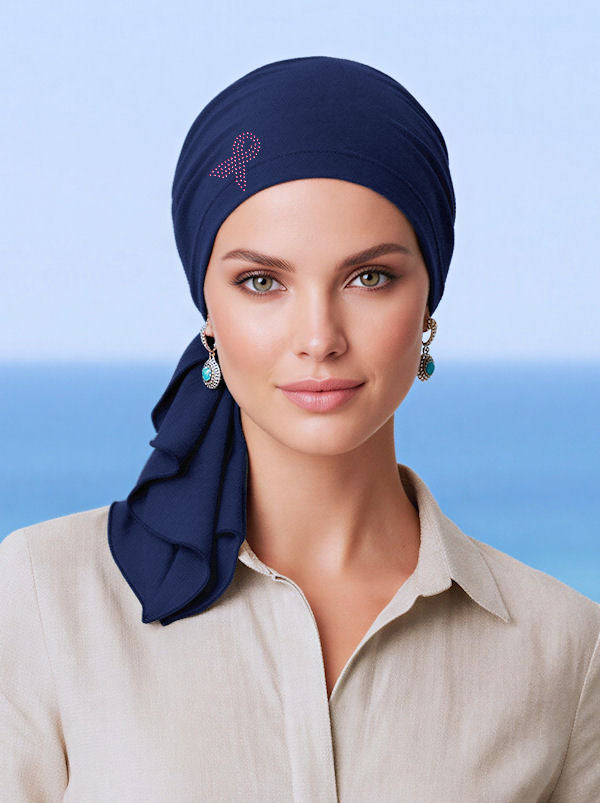 BELLA-682PR#The Bella Scarf Navy Blue Pink Ribbon