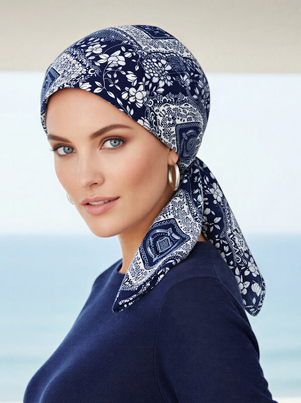 CFS-1154#Chemo Fashion Scarf Navy White Floral