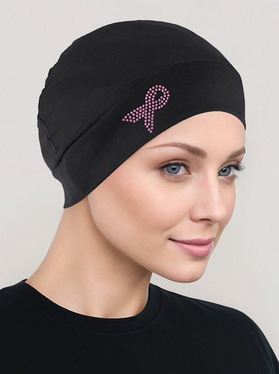 CE-CHEMOCAP-PR-BLACK#Chemo Cap Pink Ribbon Rhinestone in Black