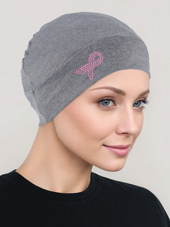CE-CHEMOCAP-PR-HEATHERGRAY#Chemo Cap Pink Ribbon Rhinestone in Heather Gray