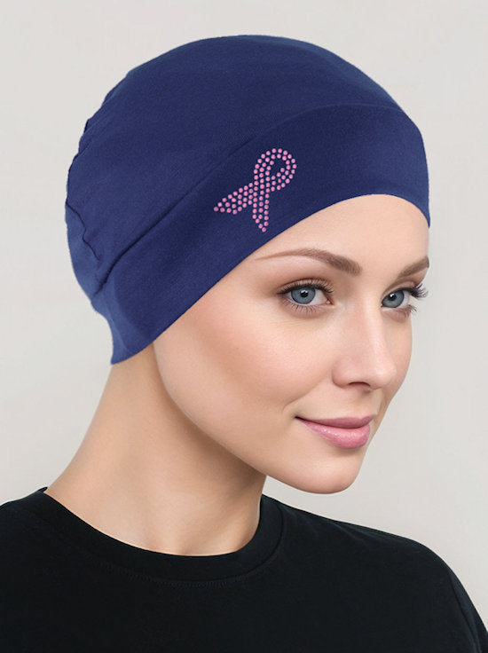 CE-CHEMOCAP-PR-NAVY#Chemo Cap Pink Ribbon Rhinestone in Navy Blue