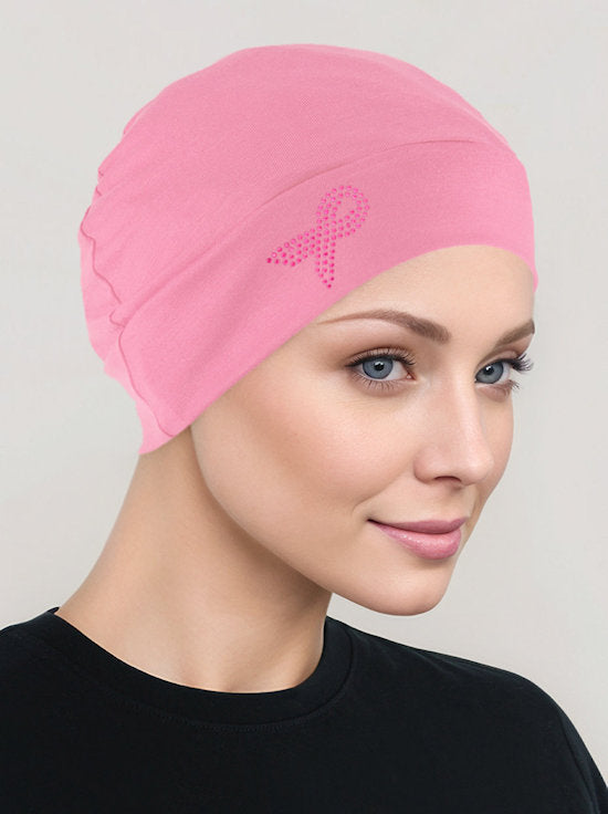 CE-CHEMOCAP-PR-PINK#Chemo Cap Pink Ribbon Rhinestone in Pink