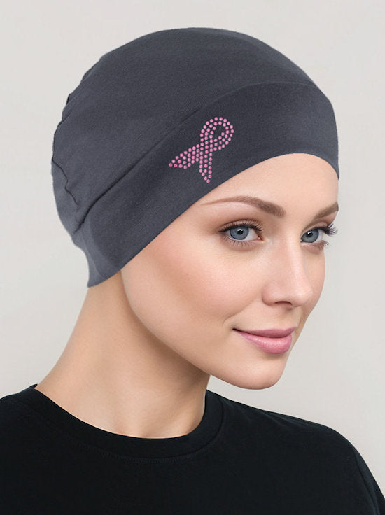 CE-CHEMOCAP-PR-CHARCOAL#Chemo Cap Pink Ribbon Rhinestud in Charcoal Gray