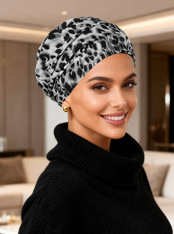 CKC-145#Chemo Cloche Cap in Black Gray Leopard