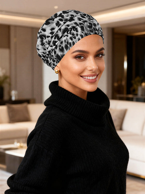 CKC-145#Chemo Cloche Cap in Black Gray Leopard