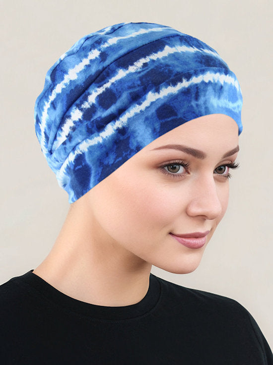 CKC-120#Chemo Cloche Cap in Blue Tie Dye Stripe