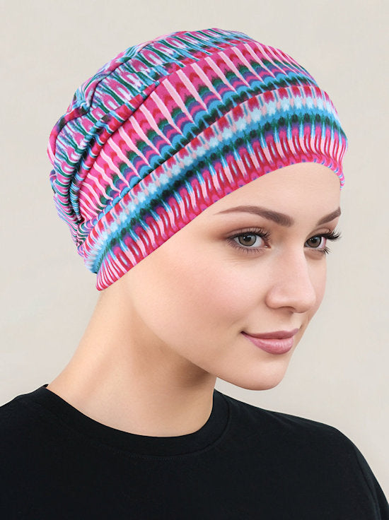 CKC-125#Chemo Cloche Cap in Hot Pink Tie Dye Stripe