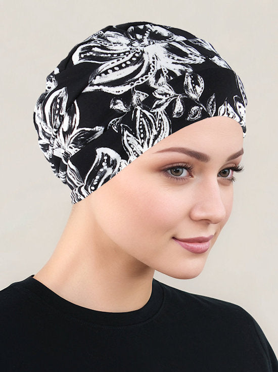 CKC-129#Chemo Cloche Cap in Black and White Tropical Floral