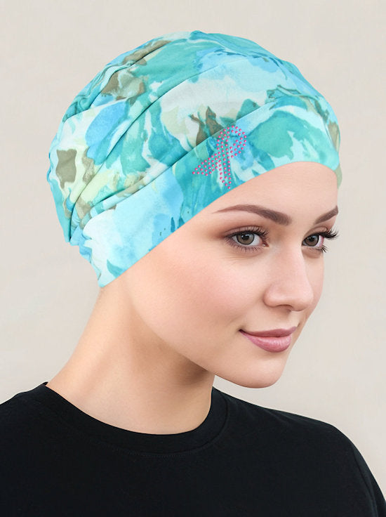 CKC-134PR#Cloche Cap Green Blue Water Floral Pink Ribbon