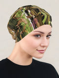 CKC-135PR#Cloche Cap Green Brown Abstract Pink Ribbon