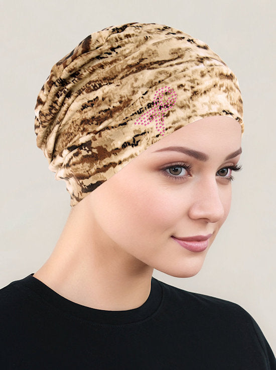 CKC-138PR#Cloche Cap Brown Tiger Pink Ribbon