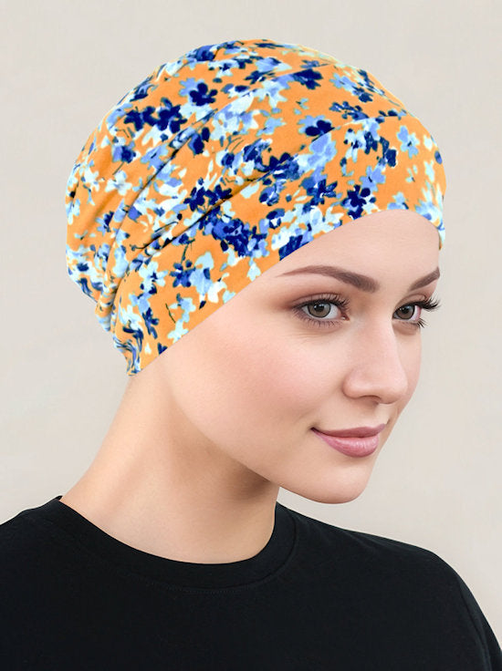 CKC-139#Chemo Cloche Cap in Blue Amber Floral