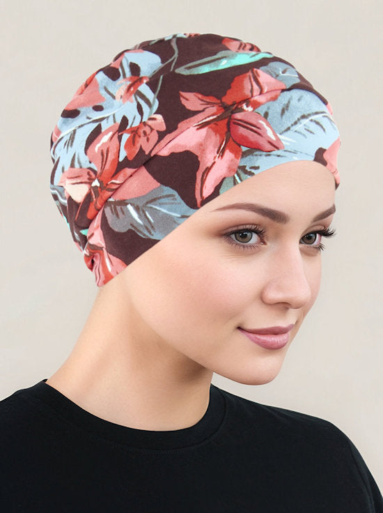 CKC-141#Chemo Cloche Cap in Brown Mauve Tropical Floral