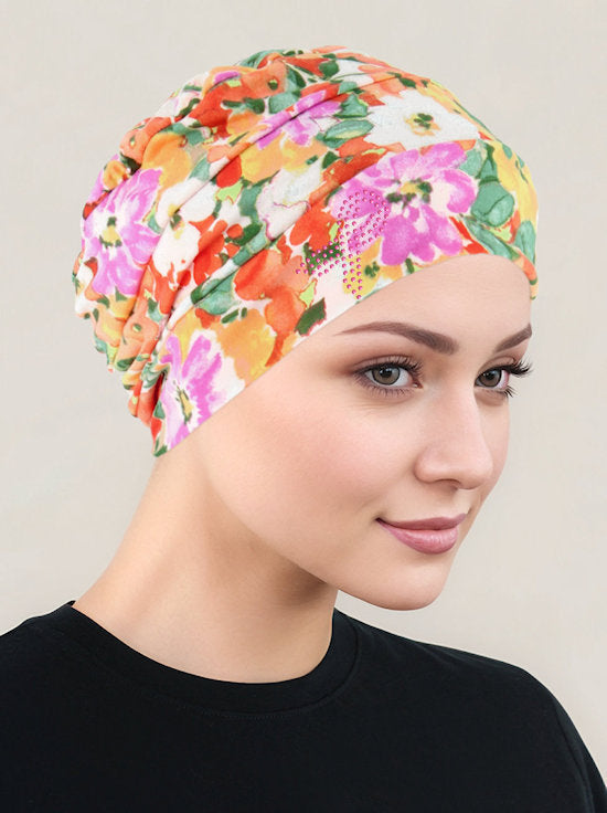 CKC-142PR#Cloche Cap Orange Sage Floral Pink Ribbon