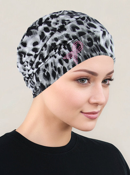CKC-145PR#Cloche Cap Black Gray Leopard Pink Ribbon