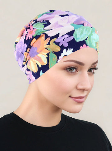 CKC-146#Chemo Cloche Cap in Navy Lilac Bold Floral