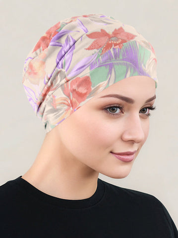 CKC-147#Chemo Cloche Cap in Taupe Mauve Tropical Floral