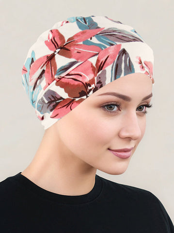 CKC-148#Chemo Cloche Cap in Cream Coral Tropical Floral