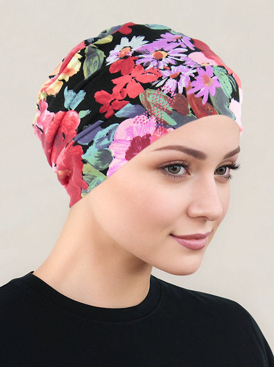 CKC-150PR#Cloche Cap Black Coral Floral Pink Ribbon