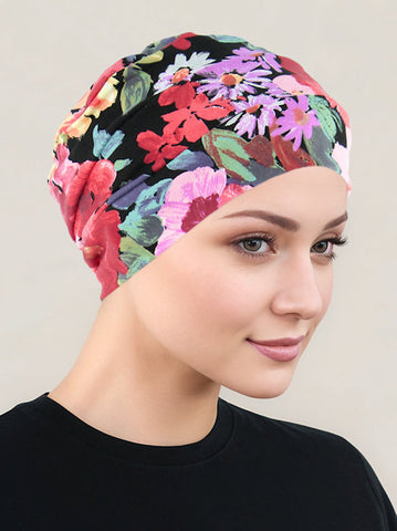 CKC-150#Chemo Cloche Cap in Black Coral Bold Floral