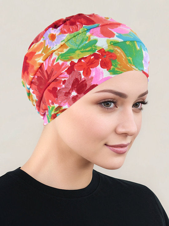 CKC-151#Chemo Cloche Cap in Red Cream Floral