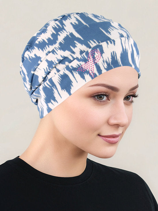 CKC-154PR#Cloche Cap Denim Cream Ikat Geometric Pink Ribbon