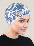 CKC-154PR#Cloche Cap Denim Cream Ikat Geometric Pink Ribbon