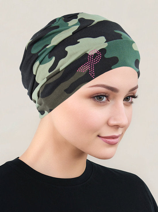 CKC-155PR#Cloche Cap Green Army Pink Ribbon