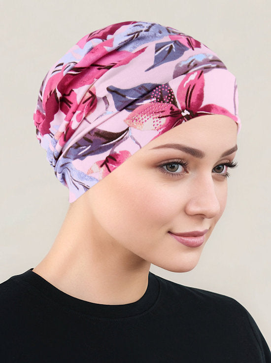 CKC-156PR#Cloche Cap Pink Lilac Tropical Floral Pink Ribbon