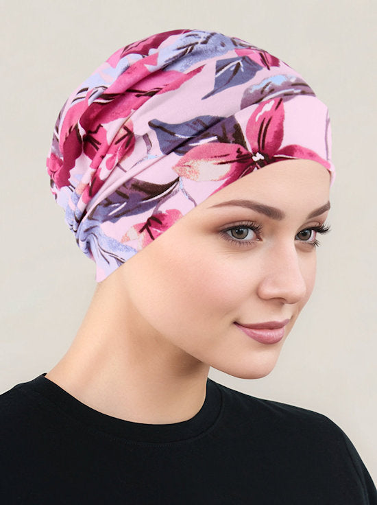 CKC-156#Chemo Cloche Cap in Pink Lilac Tropical Floral