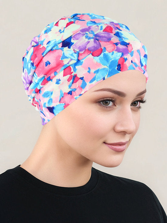 CKC-157#Chemo Cloche Cap in Pink Blue Floral