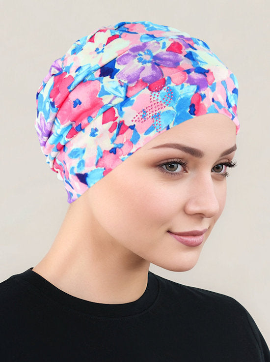 CKC-157PR#Cloche Cap Pink Blue Floral Pink Ribbon